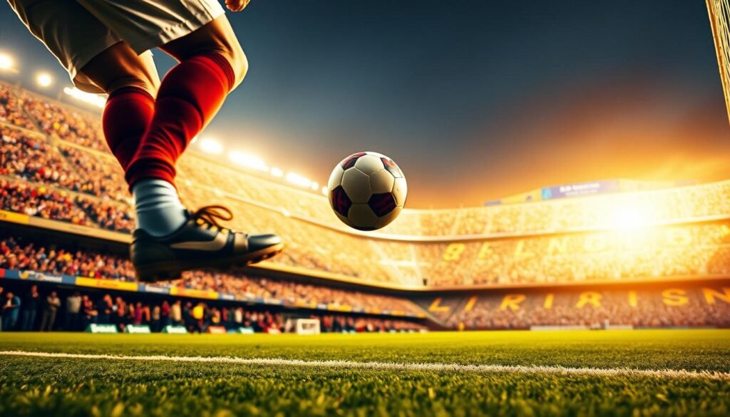 A breathtaking scene of Barcelona's goal-scoring magic unfolds. In the foreground, a footballer's foot connects with the ball, frozen in time, the exhilaration of a sublime strike etched on their face. The middle ground showcases the ball's arc, tracing a graceful trajectory as it soars towards the net, cutting through the air with mesmerizing precision. The background reveals the Camp Nou stadium, its iconic architecture bathed in warm, golden lighting, the fans erupting in thunderous applause, captivated by the sheer artistry of the moment. This is the essence of Barcelona's goal-scoring prowess, a tapestry of technical mastery, sublime athleticism, and the electric energy that captivates the world.