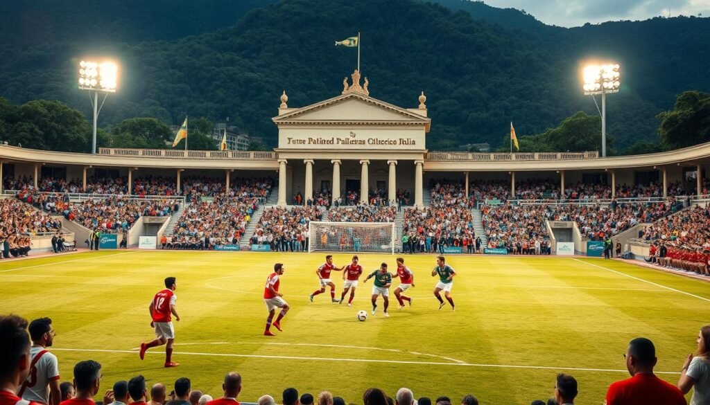 A bustling early 20th century stadium, the Palestra Itália, stands proudly in the foreground, its graceful Neoclassical architecture and lush greenery creating a sense of timeless elegance. In the middle ground, a group of determined football players, dressed in the iconic Verdão shirt, engage in the inaugural match, their movements frozen in time as they vie for possession of the ball. The background is filled with a crowd of enthusiastic spectators, their faces lit by the warm glow of the afternoon sun, capturing the electric atmosphere of this historic moment in Palmeiras' storied past. The scene is imbued with a palpable sense of nostalgia and the pioneering spirit that defined the club's humble origins.