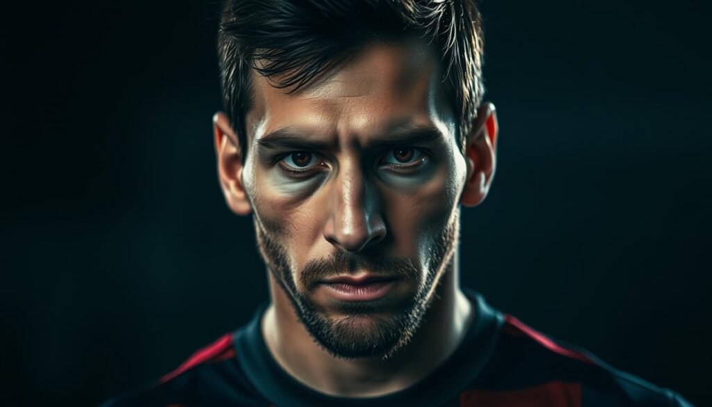 A captivating portrait of the legendary "craque do futebol" (football maestro), captured in a dramatic close-up. Dramatic lighting casts dramatic shadows, accentuating the player's chiseled features and intense gaze. The scene is framed against a blurred, moody background, placing the focus squarely on the subject's mesmerizing presence. The composition conveys a sense of power, skill, and unwavering determination, perfectly embodying the introductory section of the article on Messi's greatest goals.