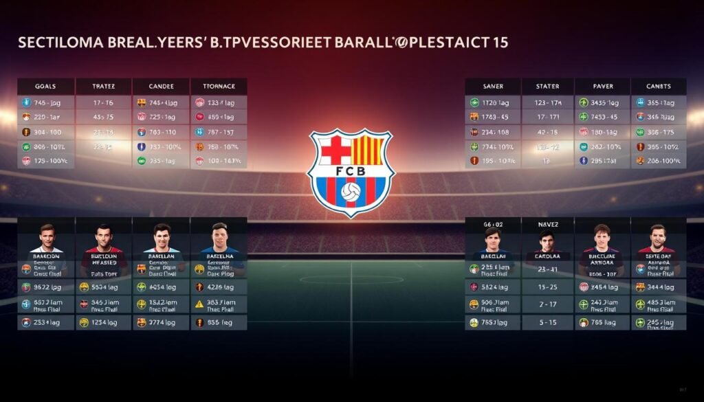 A detailed analysis of the performance of Barcelona's top players, presented in a sleek and modern data visualization. The foreground features a clean grid layout with player headshots, stats, and metrics such as goals, assists, and passing accuracy. The middle ground showcases a three-dimensional club crest, subtly illuminated and casting a warm glow. The background is a minimalist stadium scene, with soft lighting creating a sense of depth and atmosphere. The overall aesthetic is polished and professional, befitting the subject matter of the article's section on the history's greatest Barcelona players.