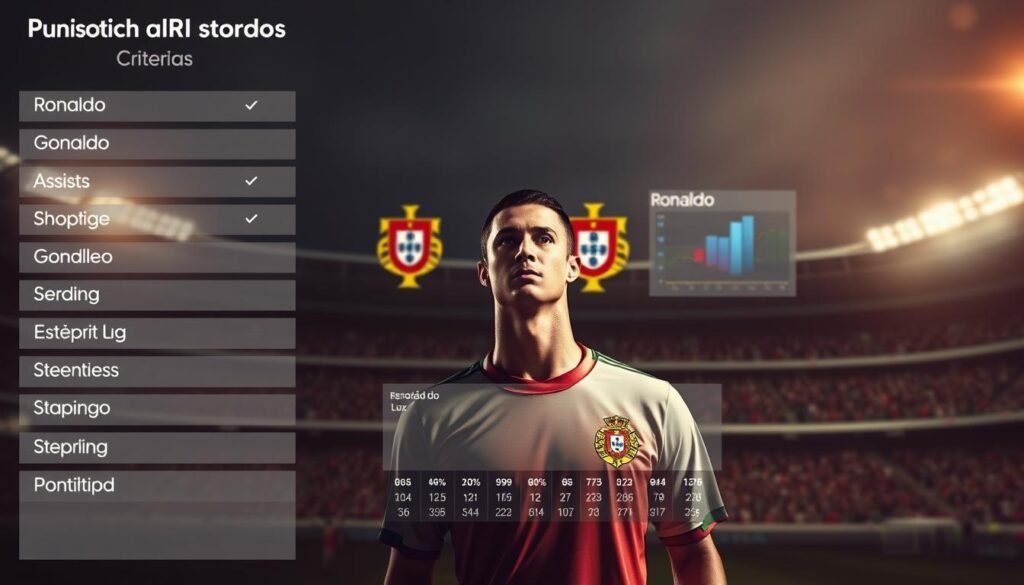 A detailed, high-resolution image of the performance analysis criteria used to evaluate Ronaldo's appearances for the Portuguese national team. The foreground showcases a list of criteria such as goals scored, assists, shots on target, and key passes. The middle ground features a lineup of Ronaldo in a Portugal jersey, with a data visualization dashboard displaying his match statistics. The background depicts the national team crest, the iconic Estádio da Luz stadium, and a patriotic, moody atmosphere with warm lighting and a touch of lens flare. The overall composition conveys the analytical and evaluative nature of Ronaldo's celebrated career with the Portuguese national team.