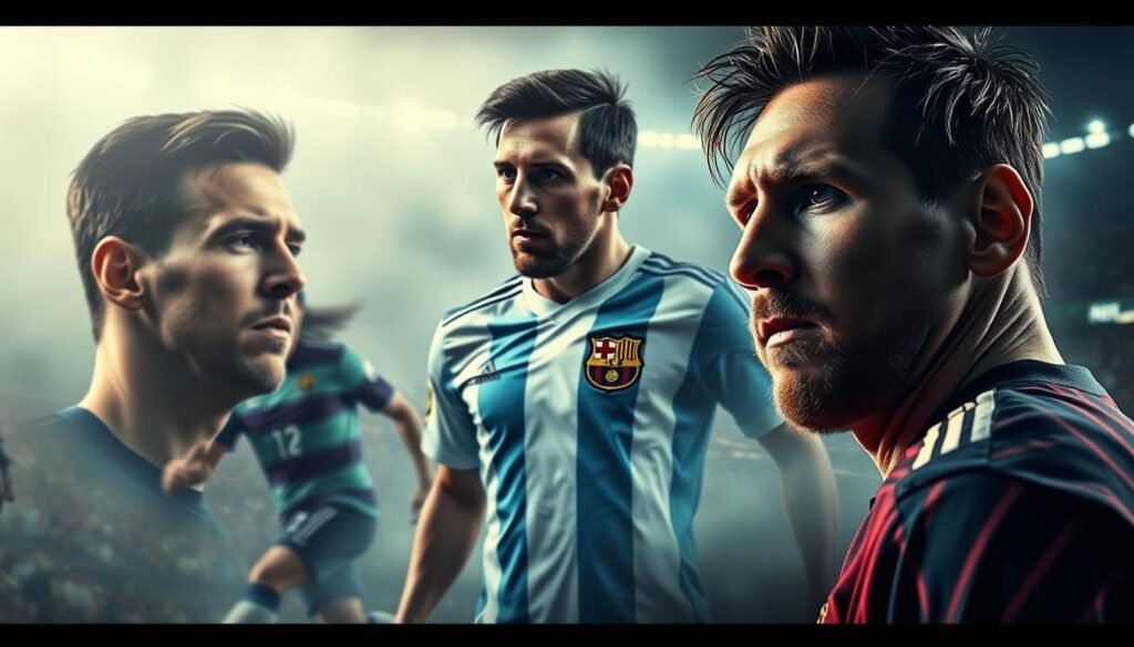 A dramatic and cinematic depiction of Lionel Messi's historic football moments. The foreground showcases Messi in iconic poses, his determined expression captured in high-contrast lighting. The middle ground features blurred, dynamic action shots of Messi dribbling, shooting, and scoring for the Argentine national team. The background is a hazy, impressionistic rendering of the roaring crowd and the grandeur of the stadium, creating a sense of immersion and emotional intensity. The overall composition conveys the gravity and significance of Messi's indelible mark on the sport, with a focus on the visceral, unforgettable nature of his performances.