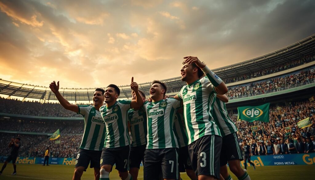 A dramatic and cinematic scene from the 2024 Campeonato Paulista final, captured with an epic wide angle lens. In the foreground, the Palmeiras players celebrate an improbable last-minute comeback victory, their faces etched with triumph and elation. The midground features the packed stadium, fans erupting in a frenzy of cheers and waving banners. In the background, a moody golden-hour sky casts a warm glow over the entire scene, heightening the sense of an unforgettable moment in Palmeiras' storied history.