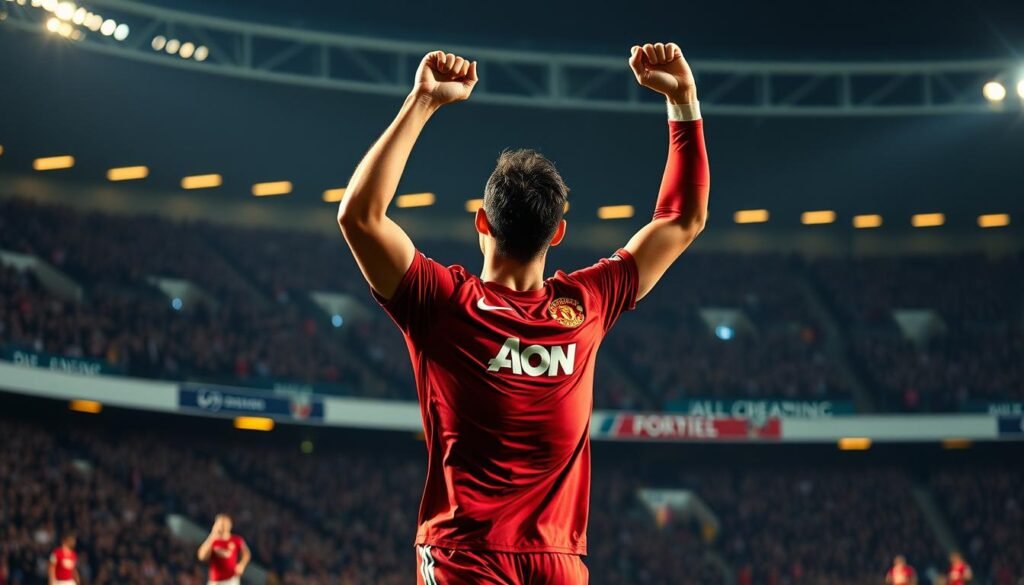A dramatic, high-energy soccer scene depicting Cristiano Ronaldo celebrating a hat-trick goal for Manchester United. Ronaldo, in his iconic red jersey, is captured mid-celebration, arms raised in triumph, amid a blur of motion and cheering fans in the background. The lighting is dramatic, casting dynamic shadows and highlights across Ronaldo's muscular physique. The stadium is rendered in sharp focus, with the crowd in the stands visible but slightly blurred, emphasizing the focal point of Ronaldo's triumphant moment. An air of electricity and excitement permeates the image, evoking the thrill and intensity of a pivotal match-winning performance.