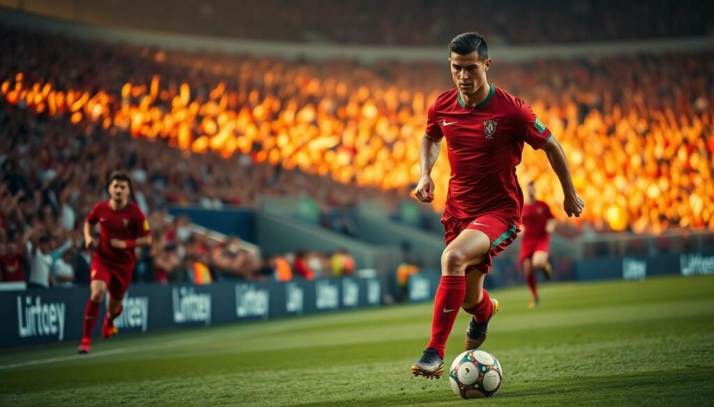 A football stadium bathed in golden evening light, the pitch illuminated by floodlights. In the foreground, Cristiano Ronaldo, in his iconic Portugal jersey, dribbles the ball with fierce determination, his muscles taut, eyes locked on the goal. In the middle ground, his teammates provide support, their movements a blur of coordinated action. In the background, the cheering crowd, their faces alight with excitement, captured in a cinéma vérité style. The atmosphere crackles with the intensity of a historic match, capturing the essence of Ronaldo's most memorable performances on the international stage.