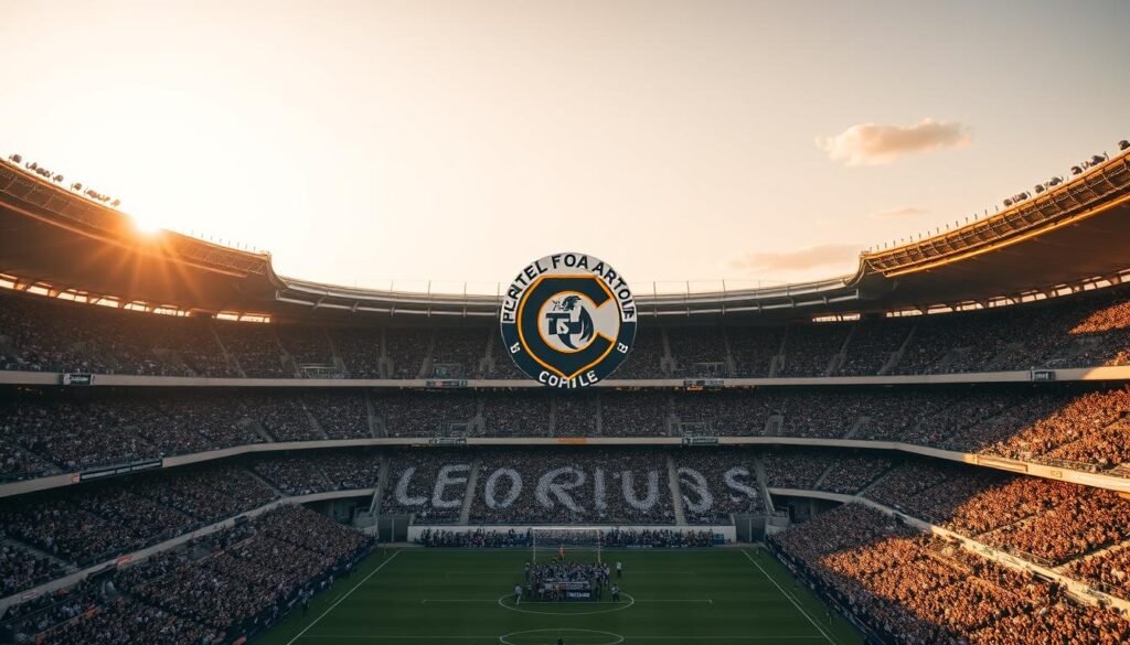 A grand, century-old stadium in the heart of São Paulo, Brazil, bathed in warm, golden light. The Corinthians' iconic crest stands tall, surrounded by a sea of passionate fans clad in their iconic black and white colors. In the background, a tapestry of historic moments unfolds, depicting the team's triumphs and the unwavering devotion of their loyal supporters. The scene captures the essence of a storied legacy, a testament to the enduring spirit of one of the world's most beloved football clubs.