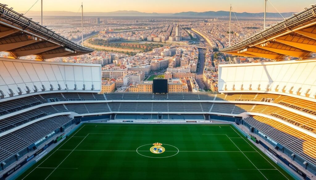 A grand, majestic view of the Santiago Bernabéu, the iconic home stadium of the legendary Real Madrid football club. The enormous, iconic structure stands tall, its pristine white exterior gleaming under the warm, golden-hued sunlight. The sleek, modern architectural design with sweeping arches and curved facades evokes a sense of grandeur and athletic prowess. In the foreground, the meticulously maintained pitch is a vibrant emerald green, ready to host the next generation of talented young footballers honing their skills. The middle ground features the club's iconic crest and insignia, a symbol of the rich history and tradition that permeates every aspect of this hallowed ground. In the distance, the sprawling city of Madrid serves as a striking backdrop, underscoring the club's deep roots within the local community and its global significance.