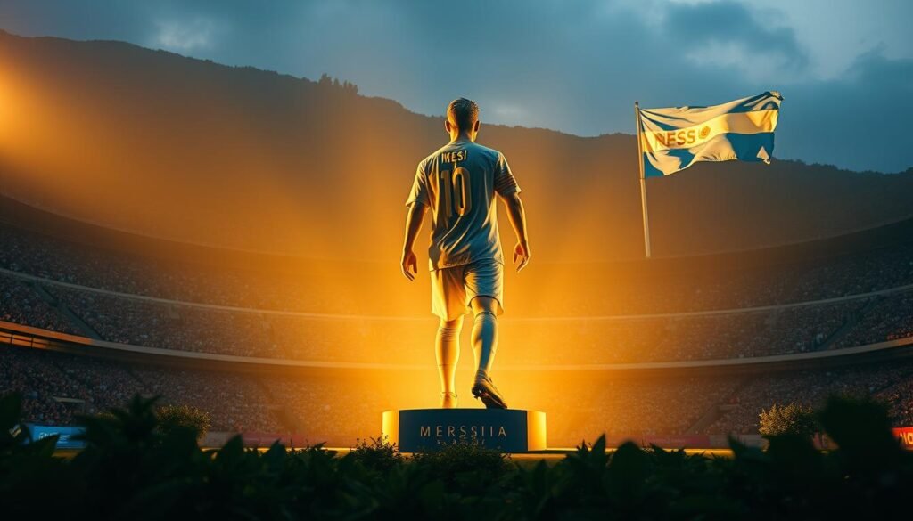 A grand, monumental statue of Lionel Messi, the legendary Argentine footballer, standing tall and proud in the middle of a lush, verdant stadium. The statue is bathed in warm, golden light, casting an awe-inspiring glow upon the surrounding scene. In the background, faint outlines of cheering fans and the Argentine flag fluttering in the wind can be seen, evoking the electrifying atmosphere of Messi's iconic performances for the national team. The statue's pose captures Messi's signature determination and skill, his right foot raised as if about to strike a powerful shot, symbolizing the enduring legacy he has left on the Argentine national team.