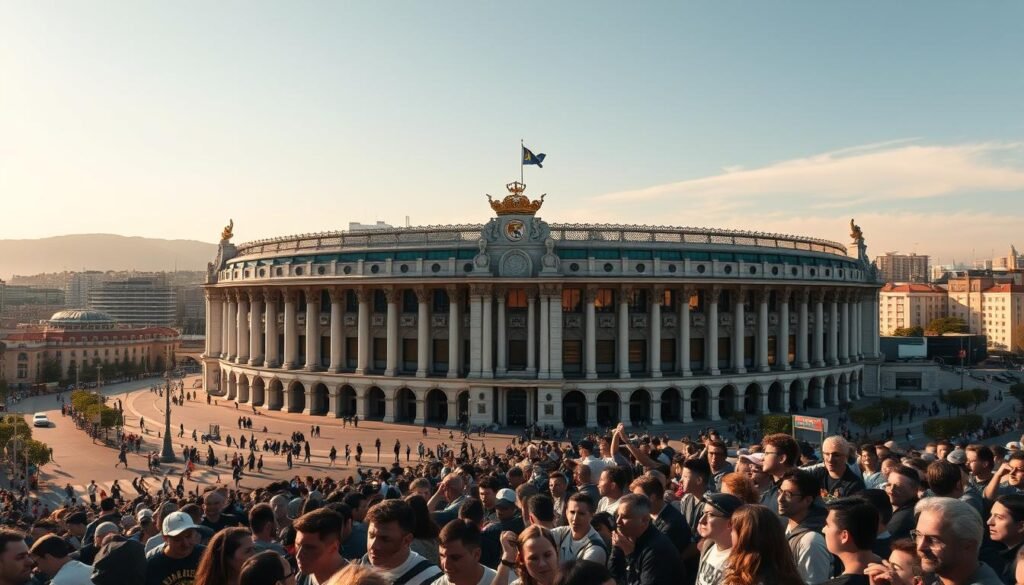 A grand, ornate stadium against a backdrop of a vibrant, bustling city - this is the historic context of the legendary Real Madrid. The iconic Santiago Bernabéu stadium stands tall, its neo-baroque architecture evoking the club's illustrious past. Surrounding it, the skyline of Madrid is alive with activity, symbolizing the city's deep connection to the team. The scene is bathed in warm, golden light, casting a sense of timelessness and tradition. In the foreground, a group of passionate fans gather, their faces alight with the fervor that has defined Real Madrid's storied history. This image captures the enduring spirit and grandeur that have made the club a global symbol of excellence in the sport.
