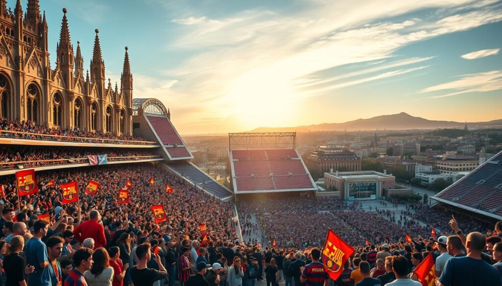 A grand, ornate stadium stands majestically, its towering arches and intricate Gothic architecture reflecting the rich history of Barcelona Football Club. In the foreground, a crowd of passionate fans adorned in the club's iconic red and blue colors cheer and wave banners, their energy and excitement palpable. The scene is bathed in golden afternoon light, creating a warm, nostalgic atmosphere that evokes the club's glorious past. In the background, the city of Barcelona sprawls, its iconic landmarks like the Sagrada Familia and Montjuïc visible, symbolizing the deep connection between the team and its beloved hometown. The overall composition captures the essence of Barcelona's storied footballing legacy, inspiring a sense of awe and reverence for the club's remarkable journey.