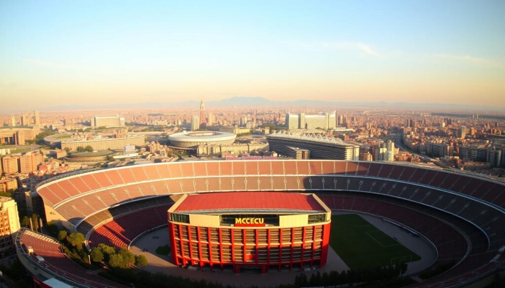 A grand panoramic view of the world's most historic football stadiums, bathed in warm, golden sunlight. In the foreground, the iconic Camp Nou stadium, home to the legendary Barcelona FC, stands tall and proud, its towering grandstands and intricate architectural details captured in stunning detail. In the middle ground, other renowned stadiums from around the globe, each with its own unique character and storied past, dotting the landscape. In the distant background, a softly blurred skyline of various cities, hinting at the global scale and reach of this beautiful game. The scene exudes a sense of timeless majesty, celebrating the rich heritage and enduring legacy of these hallowed grounds where football's greatest moments have unfolded.