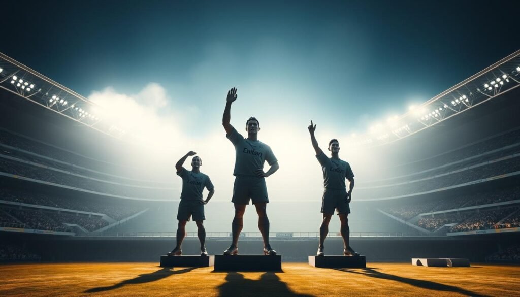 A grand stadium backdrop, its towering arches and pristine pitch setting the stage. In the foreground, a collection of larger-than-life statues, the legendary players of Real Madrid's past - Alfredo Di Stefano, Raúl, Zinedine Zidane, and Cristiano Ronaldo, captured in heroic poses, their expressions exuding determination and triumph. The lighting is dramatic, casting long shadows and highlighting the sculpted forms, imbuing the scene with a sense of reverence and awe. A hazy, ethereal glow permeates the atmosphere, creating an almost mythical quality, as if these idols have been elevated to a higher plane, their legacies cemented in the annals of football history.