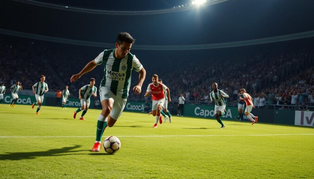 A gripping clash between Palmeiras and Botafogo unfolds on a lush, verdant pitch. The camera angle captures the tension, with players locked in a fierce battle for possession. Dramatic lighting casts dramatic shadows, heightening the drama. In the foreground, a Palmeiras player surges forward, ball at his feet, determination etched on his face. The crowd in the background roars, their cheers echoing across the stadium. The scene conveys a palpable sense of a historic moment, a pivotal twist in the Campeonato Brasileiro championship race.