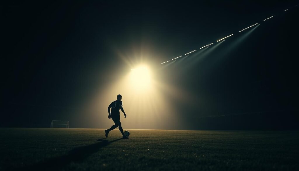 A high-angle shot of a soccer player dribbling the ball down a dimly lit pitch, their silhouette fading into the background. The player's movement is dynamic, their footwork fluid as they navigate the field. Shafts of light cut across the scene, casting dramatic shadows and highlighting the player's athleticism. The atmosphere is tense, the lighting moody, evoking the high-stakes drama of a European soccer competition. The player's trajectory is a series of arcing lines, tracing their path through the game, a visual representation of their skill and determination.