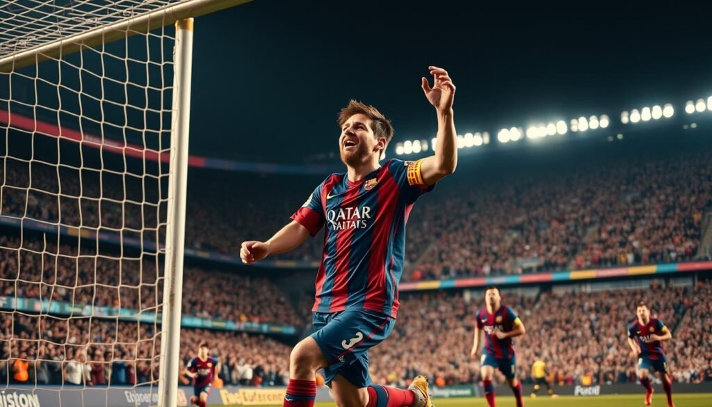 A high-quality, high-resolution image of Lionel Messi, the legendary Barcelona footballer, scoring iconic goals during his storied career. The scene depicts Messi in mid-celebration, ball in the net behind him, surrounded by adoring fans in the stadium's vibrant atmosphere. The lighting is warm and dramatic, capturing the intensity of the match and Messi's sheer skill and determination. The composition focuses on Messi as the central figure, with the goal, teammates, and stadium details providing contextual depth. The mood is one of pure exhilaration and triumph, reflecting Messi's enduring legacy as one of the greatest players in Barcelona's history.