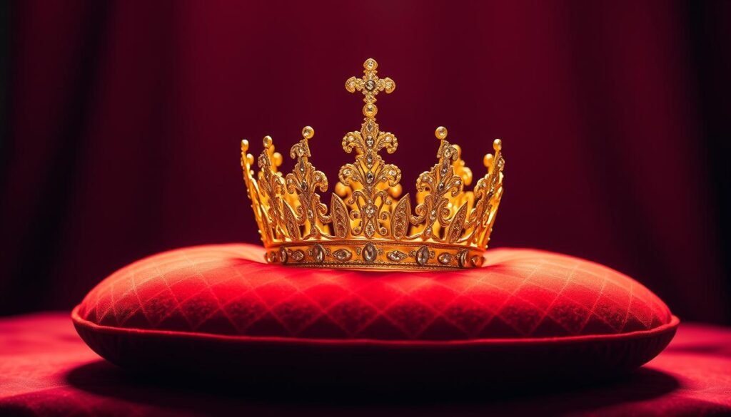 A lavish golden crown, adorned with intricate filigree and sparkling gemstones, rests upon a lush, velvety cushion. The cushion is positioned in the center of the frame, illuminated by soft, warm lighting that casts a gentle glow. The background is a rich, deep burgundy, creating a luxurious and regal atmosphere. The composition is balanced and symmetrical, drawing the viewer's eye to the elegant crown and highlighting its opulent details. The overall scene exudes a sense of grandeur and regality, capturing the essence of the "brinco ouro princesa" concept.