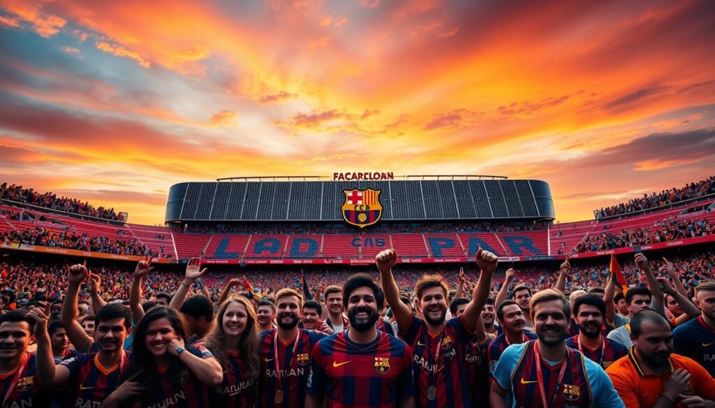 A majestic Camp Nou stadium, the iconic home of FC Barcelona, stands tall and proud against a vibrant Catalan sky. The maroon and blue colors of the club's crest glimmer in the warm, golden light, symbolizing the team's rich heritage and passionate fanbase. In the foreground, a group of fans, decked in their team's colors, celebrate the club's long-standing legacy, their expressions filled with joy and a deep sense of belonging. The image conveys the immense pride and unwavering commitment that the Barcelona community holds for their beloved team, a testament to the enduring "legado do Barcelona".