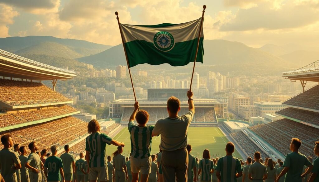 A majestic rendering of the founding of Palestra Itália, the historic club that would later become Palmeiras. In the foreground, a group of passionate founding members stand in reverence, their faces alight with determination as they raise the club's first banner. The middle ground is defined by the nascent stadium structure, its grandstands and terraces taking shape, a testament to the community's collective vision. In the background, the bustling city of São Paulo provides an evocative urban backdrop, hinting at the club's future prominence within the cultural fabric of the region. The scene is bathed in a warm, golden light, conveying a sense of pride and optimism that would come to define the Palmeiras legacy.