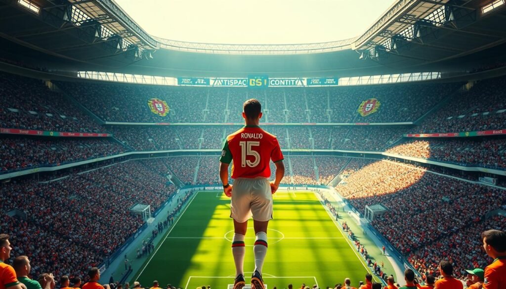 A majestic, sun-drenched football stadium in Lisbon, Portugal, filled with a sea of passionate fans donning the iconic red and green jerseys of the Portuguese national team. In the center of the pitch, a young Cristiano Ronaldo, his eyes burning with determination, stands tall, ready to lead his team to victory. The historic backdrop of the stadium, adorned with the national crest and flags, sets the stage for a moment of national pride and sporting excellence. Dramatic lighting casts dramatic shadows, highlighting the intensity of the moment as Ronaldo prepares to make his mark on the game, the crowd roaring in anticipation.