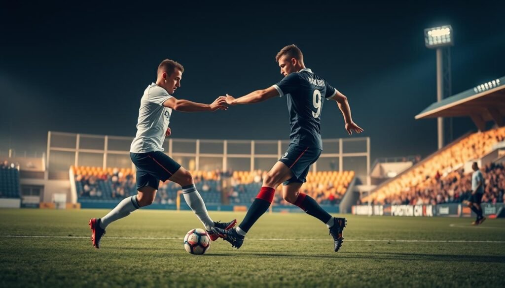 A meticulously composed scene depicting two professional football players executing a tactical partnership on the pitch. The foreground showcases the fluid interplay between the players, their bodies in perfect sync as they exchange a precise, well-timed pass. Subtle details like the players' focused expressions and the ball's trajectory convey the intensity of the moment. The middle ground features the lush, verdant field and the stadium's grandstands, bathed in warm, natural lighting that casts dramatic shadows. In the background, the towering floodlights and the team's supporters in the stands create a sense of scale and energy, underscoring the significance of this tactical partnership within the larger context of the game.