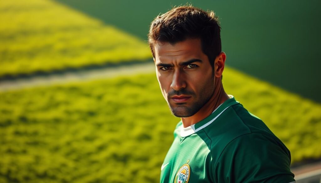 A portrait of Ademir da Guia, the legendary Palmeiras midfielder known as "The Divine One". He stands tall and commanding, his piercing gaze exuding a sense of unwavering determination. The light casts dramatic shadows across his chiseled features, accentuating his strength and intensity. In the background, a vibrant, lush green field stretches out, symbolizing the verdant, hallowed grounds of Palmeiras' home stadium. The overall atmosphere conveys a sense of reverence and awe, befitting the stature of this revered footballing icon who transformed the fortunes of the Verdão.