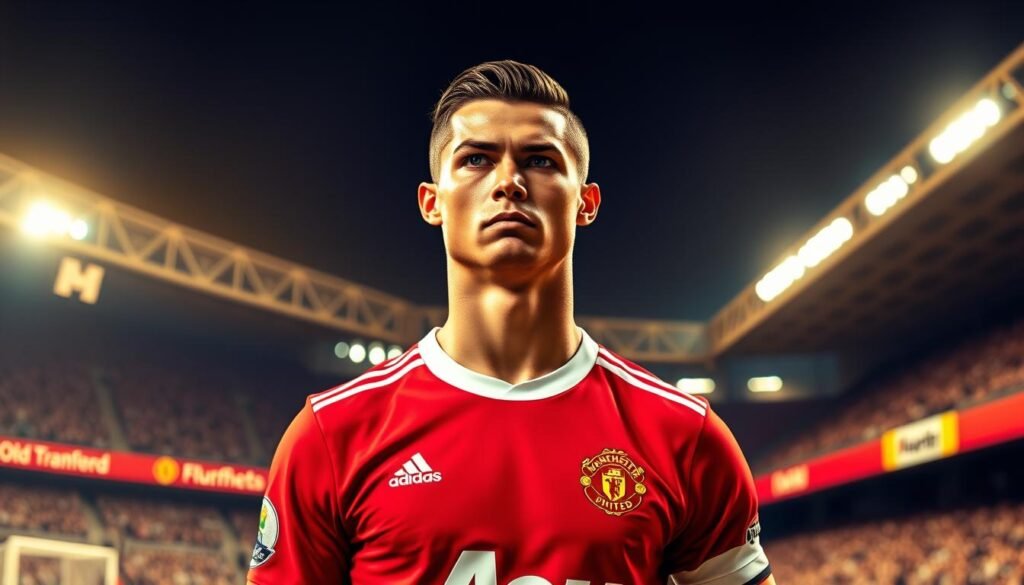 A professional soccer player, Cristiano Ronaldo, stands confidently on the pitch of Old Trafford, the iconic home stadium of Manchester United. Dressed in the club's red and white uniform, he gazes intently, his expression reflecting the determination and passion that defined his illustrious career with the team. The stadium's grand architecture and the roar of the crowd create a dynamic, immersive atmosphere, capturing the essence of Ronaldo's transformative journey with the club. Warm, golden lighting highlights the player's sculpted features, emphasizing the intensity and focus that made him a true legend of the game. The image conveys the rich history and profound impact of Cristiano Ronaldo's time at Manchester United, a testament to his unwavering skill and the profound connection he forged with the club and its devoted supporters.