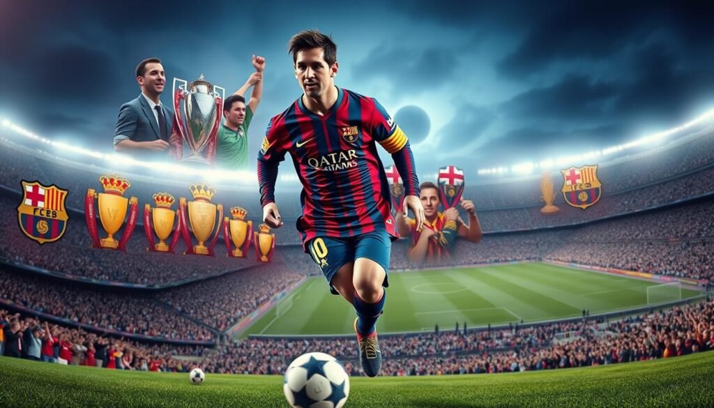 A scenic panorama of Lionel Messi's illustrious club career, captured with a wide-angle lens and dramatic lighting. In the foreground, a lifelike depiction of Messi in his iconic Barcelona jersey, mid-stride, ball at his feet, his intense gaze focused on the goal. Behind him, a montage of images showcasing his trophy-laden tenure - trophies, celebrations, iconic match moments. In the background, a sprawling stadium backdrop, with fans cheering in the stands, creating an atmosphere of triumph and adulation. The image radiates a sense of Messi's unparalleled talent, determination, and the legacy he has forged through his remarkable club career.