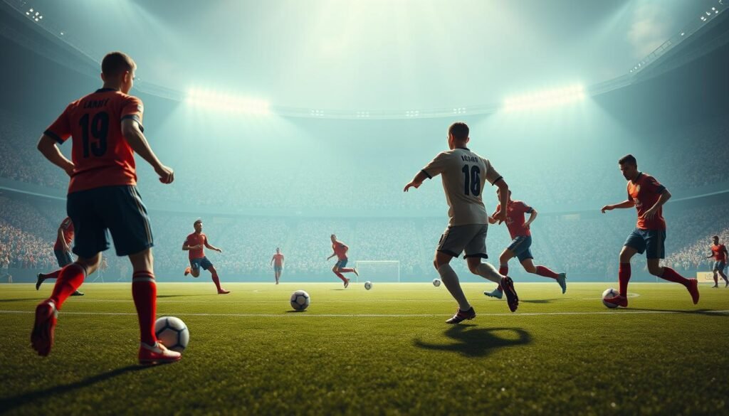A series of meticulously rendered soccer plays showcasing the historic evolution of passing techniques, captured with cinematic lighting and a wide, dynamic camera angle. The foreground features a group of players executing a variety of passes - short, long, one-touch, and through balls - with precise footwork and seamless transitions. The middle ground depicts the progression of passing styles over time, from early primitive chest traps and kick-and-runs to the sophisticated, possession-based passing patterns of modern soccer. The distant background suggests a grand, ethereal stadium setting, lending a sense of grandeur and timelessness to the scene. The overall mood is one of reverence and awe towards the artistry and technical mastery of the beautiful game's passing heritage.