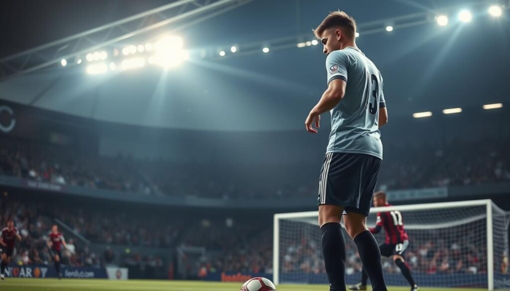 A soccer player standing over the ball, poised to take a decisive penalty kick. The tension is palpable as the crowd holds their breath, the stadium lights casting dramatic shadows across the pitch. The player's face is set with determination, their body coiled like a spring, ready to unleash the shot that could clinch victory or lead to heartbreak. In the background, the opposing goalkeeper crouches, anticipating the player's move. The scene captures the high-stakes drama of a final match, where the weight of the moment is felt in every pixel.