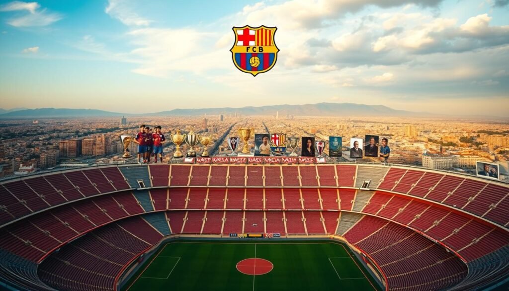 A striking panoramic view of the historical evolution of the Barcelona Football Club. The foreground depicts the club's iconic Camp Nou stadium, its towering grandstands and manicured pitch bathed in warm, golden afternoon light. In the middle ground, a series of vintage team photographs and trophies chronicle the club's storied history, from its humble beginnings to its rise as a global powerhouse. The background features a sweeping cityscape of Barcelona, its distinctive architecture and landmarks serving as a picturesque backdrop to the club's narrative. The overall composition conveys a sense of tradition, legacy, and the club's enduring place within the fabric of the city and its people.
