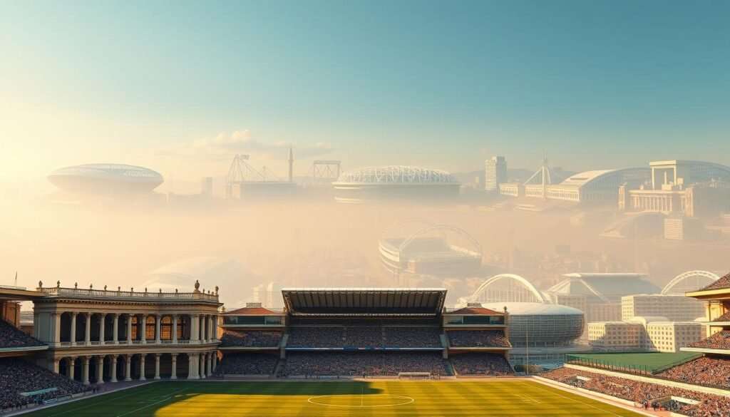 A vast, sweeping panorama of the evolution of football stadiums throughout history. In the foreground, a grand, classical arena with ornate arches and columns stands majestically, its timeless design a testament to the sport's storied past. In the middle ground, more modern stadiums rise, their sleek, angular lines and expansive seating reflecting the game's growing scale and popularity. In the background, a collage of stadium silhouettes stretches to the horizon, each one a unique architectural marvel that has hosted the triumphs and passions of the beautiful game. The scene is bathed in warm, golden light, evoking a sense of reverence and awe for the hallowed grounds that have borne witness to football's greatest moments.