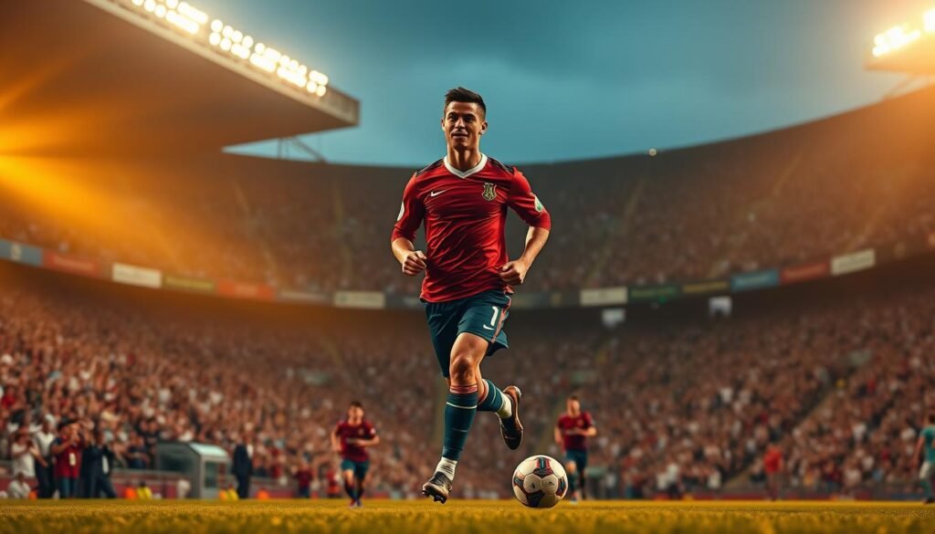 A vibrant and dynamic scene of Cristiano Ronaldo's illustrious career, captured with a cinematic flair. In the foreground, Ronaldo strides confidently, his powerful physique and deft footwork on full display as he dribbles the ball down the pitch. The middle ground is filled with the roar of the crowd, the stadium's stands rising up around him in a blur of color and energy. In the background, the floodlights cast a warm, golden glow, illuminating the scene and evoking a sense of grandeur and achievement. The overall composition conveys Ronaldo's relentless drive, the thrill of the game, and the global impact of his legendary career.