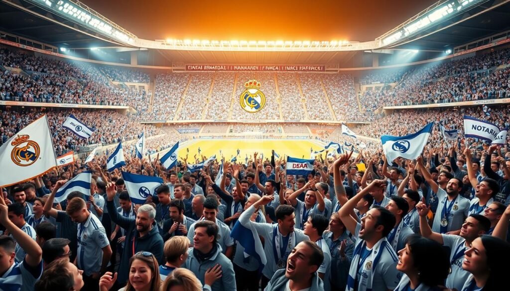 A vibrant and energetic scene depicting the passionate culture of chants and songs among Real Madrid fans. In the foreground, a large crowd of supporters adorned in the team's iconic white and blue colors, waving flags, scarves, and banners, their faces alight with fervent enthusiasm. In the middle ground, the iconic Santiago Bernabéu stadium rises, its grandstands filled with a sea of cheering fans. The background is bathed in a warm, golden light, creating a sense of unity and shared spirit among the supporters. The overall atmosphere is one of unwavering devotion, as the fans' collective voices rise in unison, creating a symphony of chants and rhythmic clapping that echoes through the stadium. The scene captures the essence of the Real Madrid fan culture, where passion, tradition, and community coalesce into a vibrant, unforgettable experience.