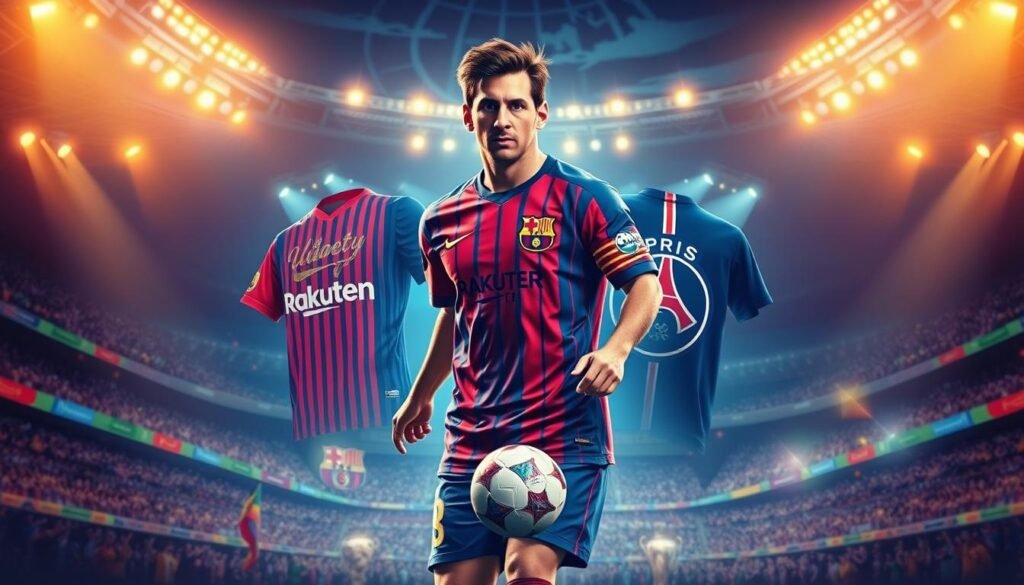 A vibrant, cinematic illustration showcasing Lionel Messi's iconic career transitions between football clubs. In the foreground, Messi in his iconic Barcelona kit, poised with the ball, illuminated by warm stadium lighting. In the middle ground, a dynamic collage of his jerseys from Newell's Old Boys, Barcelona, and Paris Saint-Germain, overlapping and blending seamlessly. The background depicts the global stage, with stadiums, trophies, and fans celebrating his remarkable achievements and legacy. The scene radiates a sense of movement, passion, and the incredible impact Messi has had on the sport, capturing the essence of his celebrated trajectory.