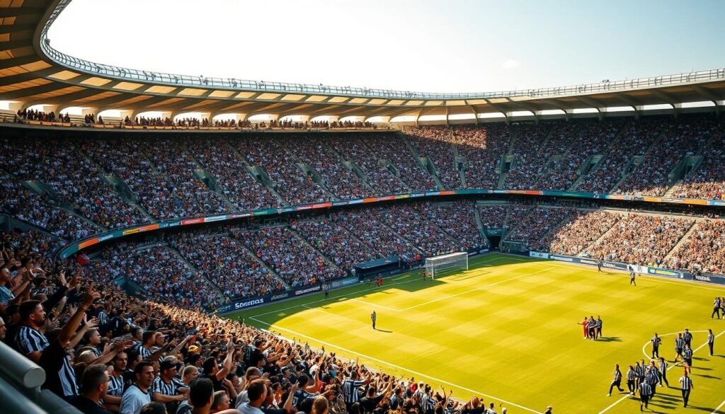A vibrant, iconic football stadium in Sao Paulo, Brazil. The field is filled with passionate Corinthians fans, their iconic black and white jerseys creating a sea of color and energy. The crowd is singing and chanting, their voices rising in a unified chorus of Corinthian pride. In the foreground, the stadium's grandstands are visible, their tiered structure creating a sense of depth and scale. The lighting is natural, with the sun casting a warm, golden glow over the scene. The camera angle is slightly elevated, giving the viewer a panoramic perspective of the dynamic, spirited atmosphere.