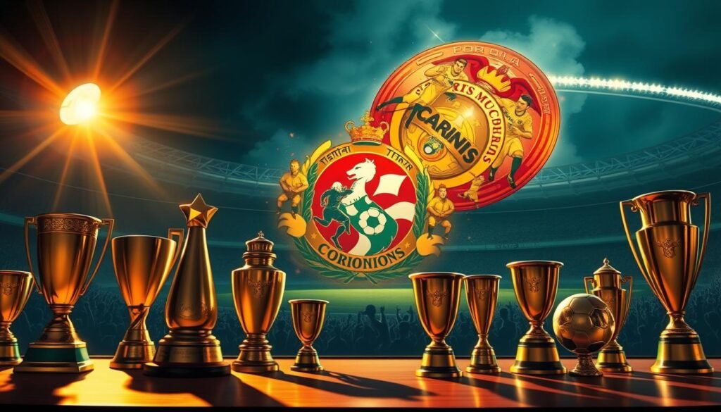 A vibrant illustration of the storied history of Corinthians, the iconic Brazilian football club. In the foreground, a collection of their most prized trophies gleams under a warm, directional light, casting dramatic shadows. The middle ground features a detailed, hyper-realistic rendering of the club's iconic crest, surrounded by a swirling, dynamic energy of players in motion, capturing the passion and intensity of the Corinthians faithful. The background depicts the club's famous stadium, Estádio Pacaembu, bathed in a moody, atmospheric lighting that evokes the sense of tradition and legacy that defines this beloved institution.