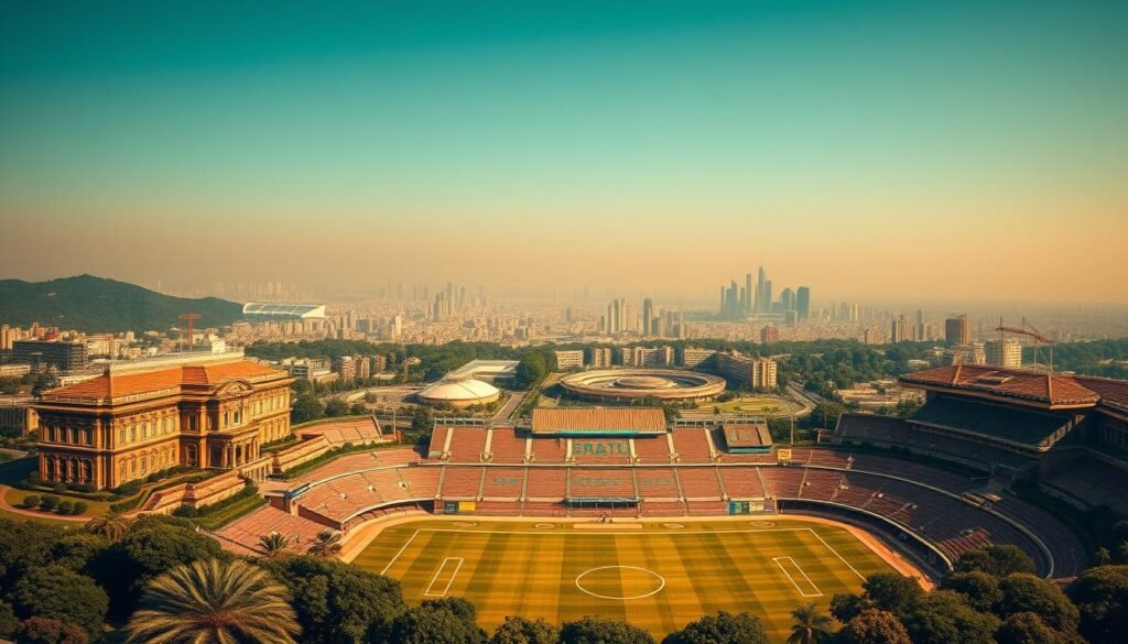 A wide panoramic view of the evolution of Brazilian football stadiums, captured in a cinematic style. In the foreground, a detailed rendering of an iconic historic stadium with its distinct architectural features, surrounded by lush greenery. The middle ground showcases a succession of stadiums from different eras, each with its unique design and character, illustrating the progression of stadium architecture over time. In the distant background, a hazy skyline of modern skyscrapers and cityscapes, representing the contemporary backdrop of Brazilian football. The scene is bathed in warm, golden sunlight, conveying a sense of nostalgia and reverence for the rich history of these hallowed grounds.