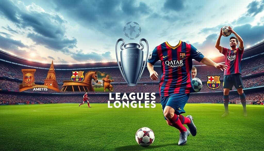 A wide, sweeping panoramic view of Lionel Messi's illustrious career in the UEFA Champions League. The foreground features Messi, clad in the iconic Barcelona jersey, dribbling the ball with his signature skill and agility. The middle ground showcases iconic Champions League stadiums and moments, such as the Camp Nou, the Allianz Arena, and Messi lifting the trophy. The background depicts the grandeur and prestige of the competition, with a dramatic sky and a sense of scale that conveys the magnitude of Messi's achievements. The lighting is soft and warm, highlighting the player's skill and the emotion of the moment. The overall composition evokes a sense of reverence and admiration for Messi's unparalleled legacy in Europe's premier club competition.