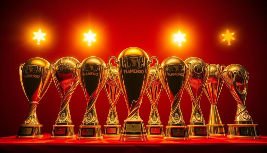 Centered in the frame, a striking display of Flamengo's international titles, showcased with pride and grandeur. The trophies, resplendent in their gold and silver hues, stand as a testament to the club's storied history and unparalleled achievements on the global stage. Warm, golden lighting illuminates the meticulously detailed trophy design, casting a radiant glow that commands attention. The background is a rich, deep red, echoing the club's iconic color and symbolizing the passion and fervor of its devoted fans. The composition exudes a sense of triumph and unwavering determination, capturing the essence of Flamengo's status as a true giant of South American football.