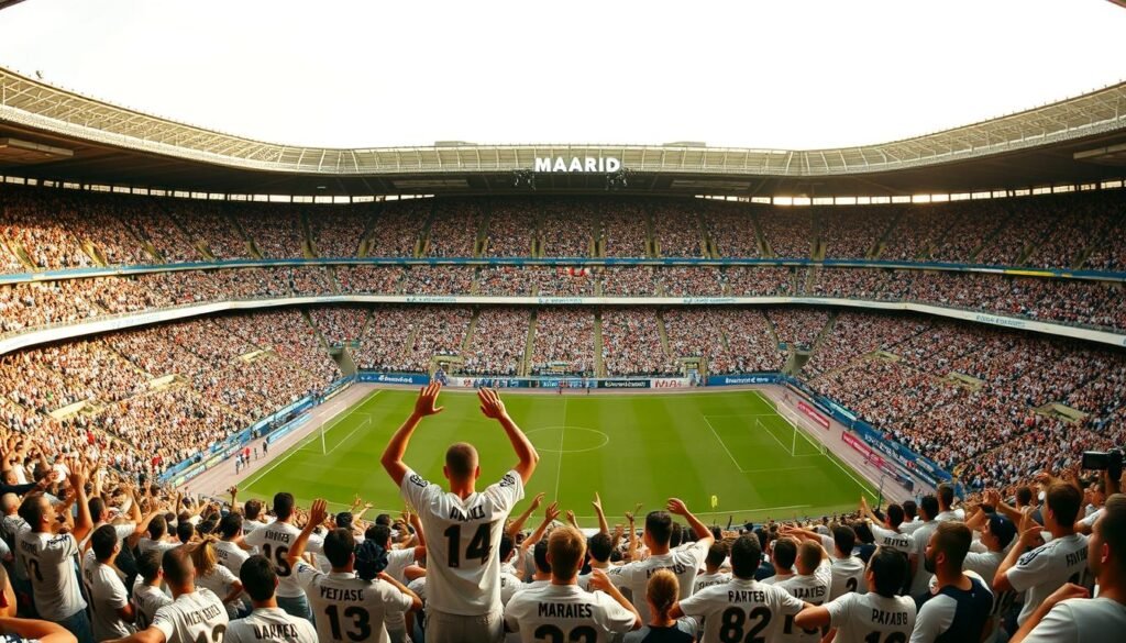 Evolução dos cânticos do Real Madrid: a panoramic view of the iconic Bernabéu stadium, with the crowd erupting in a crescendo of traditional songs and chants, their voices echoing through the historic stands. In the foreground, a small group of fans lead the chorus, their exuberant gestures and expressions capturing the passion and unity of the Madrid faithful. The middle ground reveals the diverse tapestry of the crowd, with supporters of all ages and backgrounds united in their devotion to the club. In the background, the grand, majestic architecture of the stadium sets the stage, bathed in a warm, golden light that evokes the timeless spirit of the club's legacy.