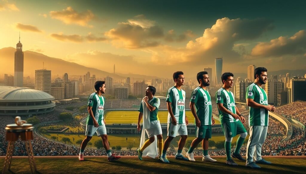 Historical evolution of Palmeiras, a renowned Brazilian football club known for its rich heritage and storied legacy. Capture the club's iconic colors, emblems, and jerseys throughout its transformative journey, from its humble beginnings to its modern-day prominence. Depict the club's legendary players, iconic stadiums, and passionate fan base, all set against a backdrop of historical landmarks and cityscape. Employ a cinematic, golden-hued lighting to evoke a sense of nostalgia and reverence for the club's celebrated past. Compose the scene with a balanced interplay of foreground, middle-ground, and background elements, showcasing the club's evolution and the enduring spirit that has defined its remarkable history.