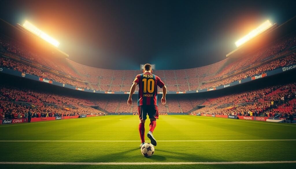 Messi's storied career at Barcelona, captured in a majestic, cinematic scene. A wide, high-angle shot showcases the iconic Camp Nou stadium, its towering grandstands and floodlights illuminating the emerald pitch. In the center, Messi dribbles the ball, his agile movements and signature low center of gravity on full display. The foreground is bathed in warm, golden light, casting a celebratory glow on the pivotal moment. In the middle ground, adoring fans fill the stands, their cheers and applause creating an electric atmosphere. The background fades into a hazy, dreamlike quality, emphasizing the timeless, legendary nature of Messi's Barcelona legacy.