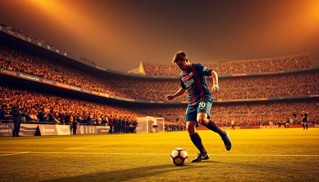 Trajetória de Messi no Barcelona: a masterful display of skill and finesse. In the foreground, Messi weaves through defenders, his low center of gravity and deft touch on full display. The middle ground captures the electric atmosphere of the Camp Nou, fans erupting in cheers as their hero takes the pitch. In the background, the iconic stadium architecture stands tall, a testament to the grandeur of Barcelona's footballing legacy. Warm, golden lighting casts a reverent glow, highlighting Messi's dynamic movements and the unbridled passion of the crowd. A sense of anticipation and wonder pervades the scene, reflecting the legendary status Messi has earned through his unparalleled artistry on the ball.
