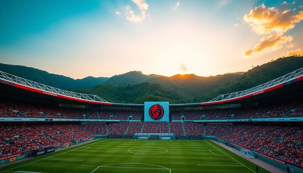 A classic stadium, with the iconic red-and-black Flamengo crest proudly displayed on the façade, stands tall against a backdrop of lush green hills. The grandstands are filled with passionate fans, their faces alight with excitement as they cheer on their beloved team. The playing field is meticulously maintained, ready to host another legendary match that will forever be etched in the history of this storied club. Overhead, a golden sunset bathes the scene in a warm, nostalgic glow, capturing the timeless essence of Flamengo's enduring legacy.