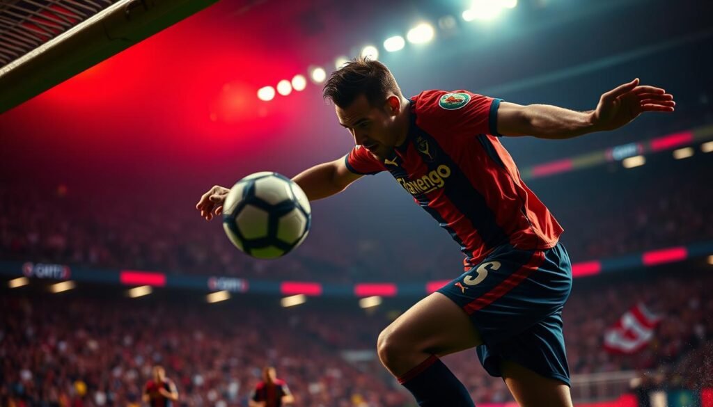 A dramatic, cinematic close-up of a football player in the act of scoring an incredible goal for Flamengo, the iconic Brazilian football club. The shot is captured in a stylized, high-contrast lighting that emphasizes the power and grace of the player's movements. The background is blurred, keeping the focus solely on the sharpness of the player's form as he leaps to strike the ball, his face a mask of intense concentration. The image conveys the thrill and artistry of the beautiful game, showcasing the skill and athleticism that have made Flamengo's greatest goals legendary.