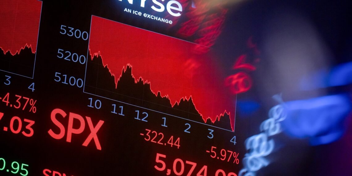 Gráfico de ações na bolsa de Nova Iorque, mostrando queda no índice SPX com valores negativos em destaque luminoso vermelho.