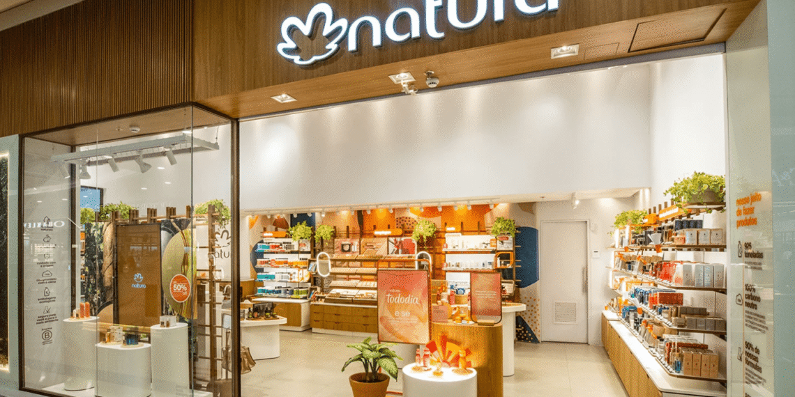 Loja da Natura em um shopping, com vitrines modernas e prateleiras recheadas de produtos de beleza e cuidados pessoais.
