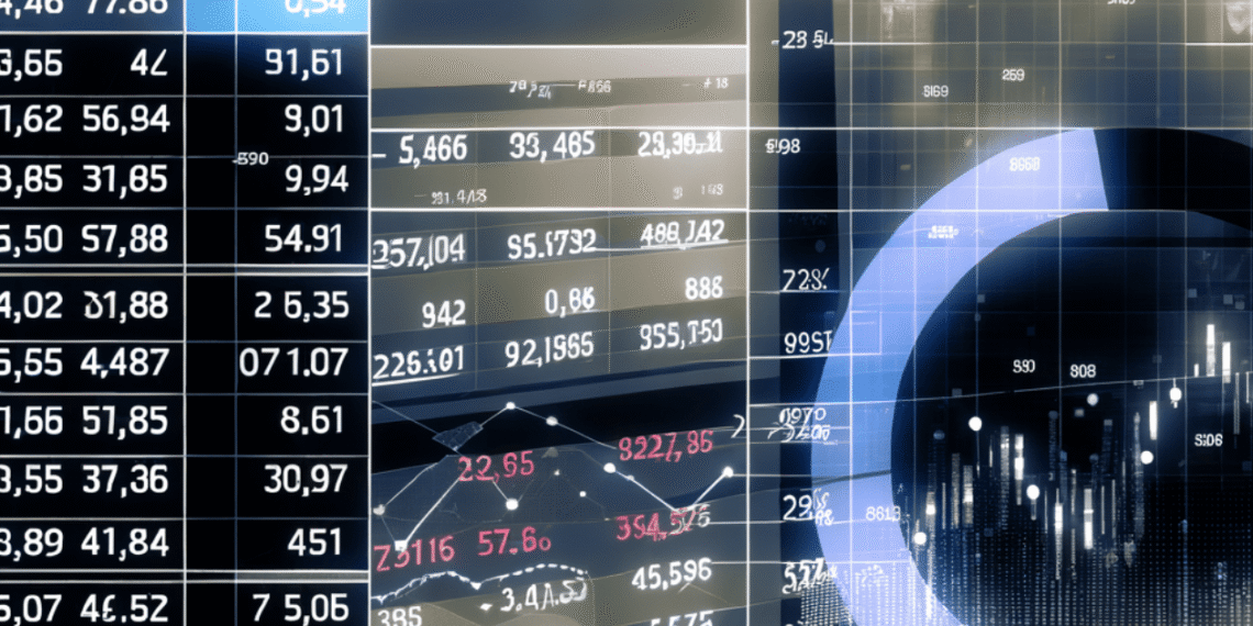 Gráficos de linhas e tabelas financeiras exibem dados complexos, ilustrando o dinamismo de mercados e economia global.