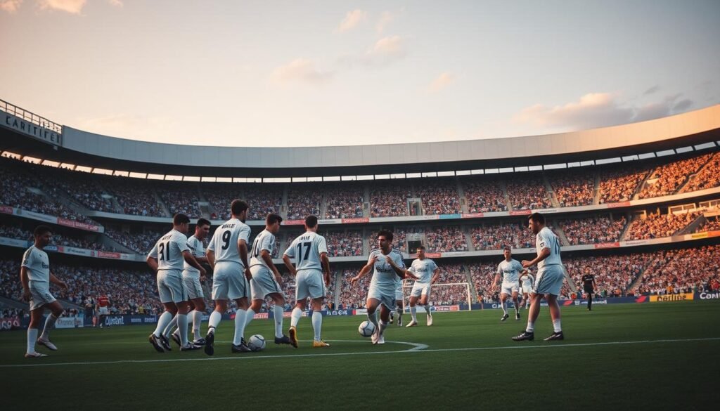 A breathtaking scene of the "Galácticos" era at the Santiago Bernabéu Stadium. In the foreground, the legendary Real Madrid squad stands tall and proud, their skilled feet expertly controlling the ball. The midfield orchestrates the play, weaving intricate patterns as they advance towards the goal. In the background, the iconic stadium stands as a testament to the club's storied history, its towering stands casting a warm glow under the soft, golden light of a summer evening. The air is charged with anticipation, as the crowd roars in support of their heroes, the Galácticos, who are poised to write another chapter in the club's illustrious legacy.