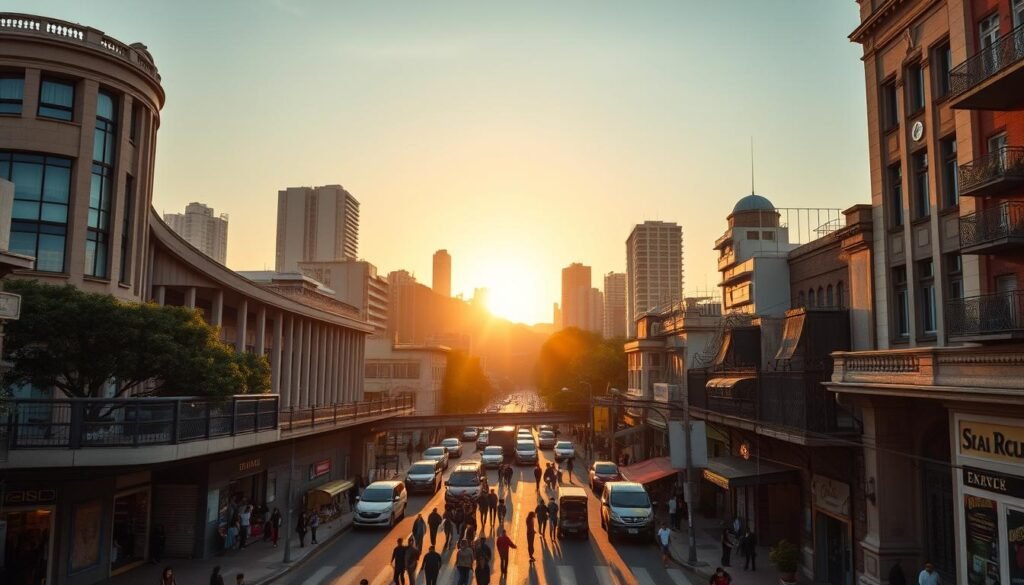 A bustling cityscape of São Paulo, Brazil, in the early 20th century. In the foreground, the iconic Art Deco architecture of the São Paulo Football Club's historic stadium stands tall, its sweeping curves and intricate details a testament to the team's storied legacy. In the middle ground, the vibrant streets teem with life, shopkeepers and pedestrians going about their daily routines against a backdrop of towering skyscrapers and lush greenery. The warm, golden light of the setting sun bathes the scene, casting a nostalgic glow and evoking a sense of a bygone era. The overall atmosphere is one of grand historical significance, capturing the essence of the São Paulo Football Club's enduring place in the city's cultural fabric.